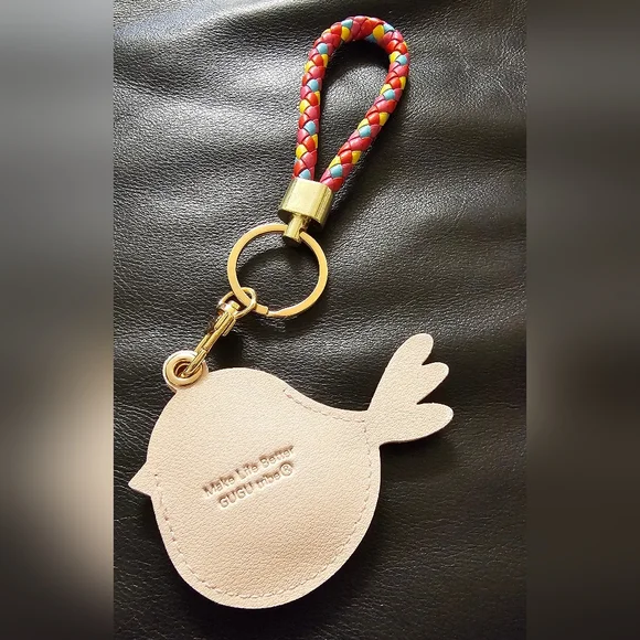 Colorful Pink Bird Vegan Leather Air Tag Holder Keychain with Braided Strap NWOT - Picture 2 of 9